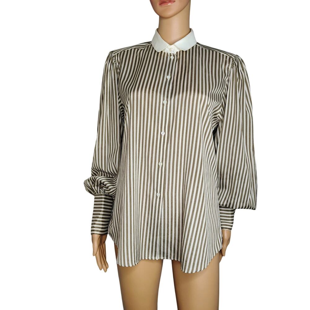 80s Striped Liz Claiborne Cream Taupe Button Up Collar Shirt Puffy Sleeve Sz 12
